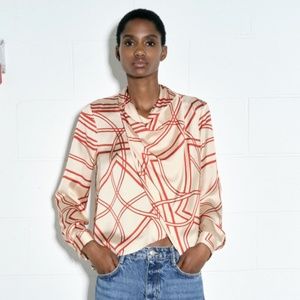 Zara Geometric Printed Blouse. Size XS. Ecru and Red.